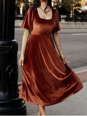 Baltic Born Rust Velvet Midi Dress with Scoop Neckline